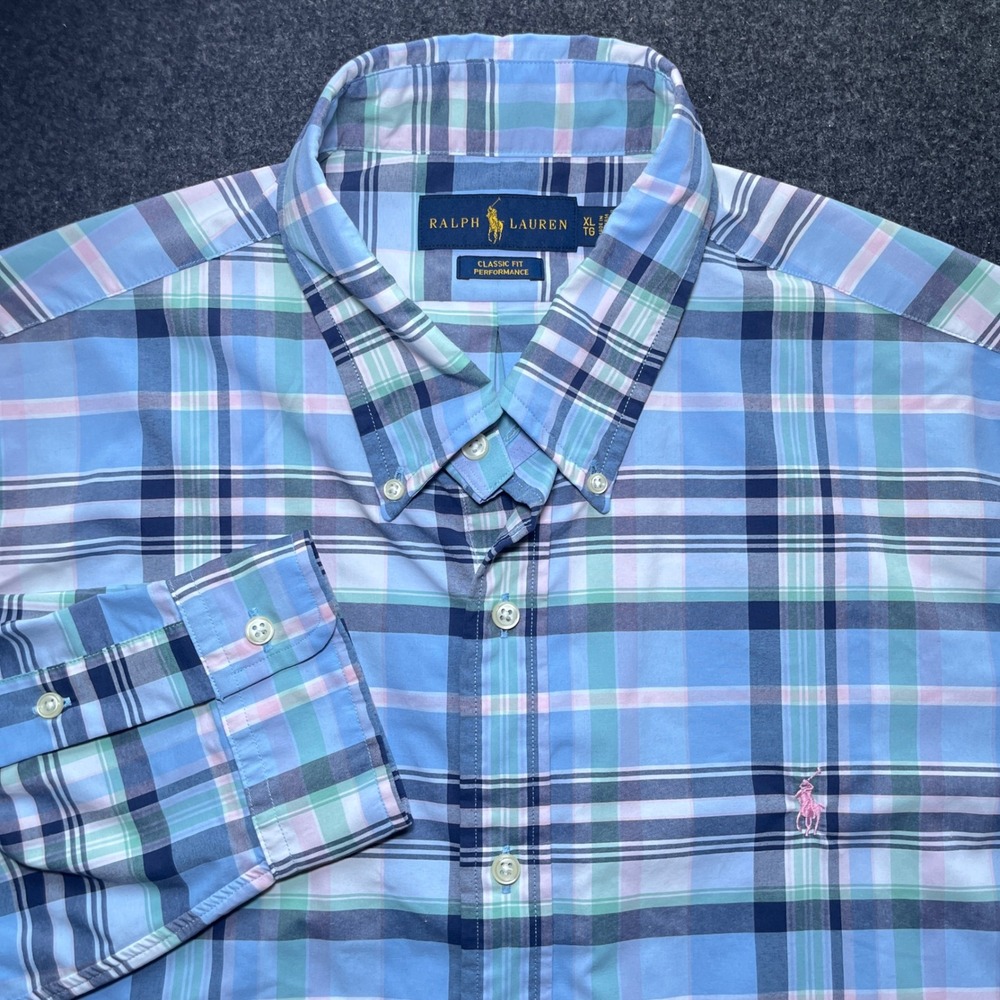 Ralph Lauren Button Down Shirt Mens XL Blue Plaid Excellent Performance Classic